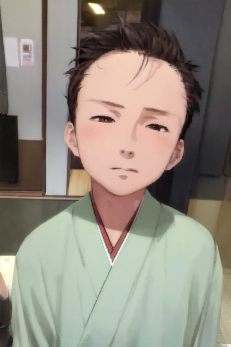 1boy, solo, looking at viewer, simple background, shirt, brown eyes, upper body, lips, portrait, (thin hair), wide forehead, short hair, rnhg,(masterpiece), scenery, ((Kyoto Animation Style))