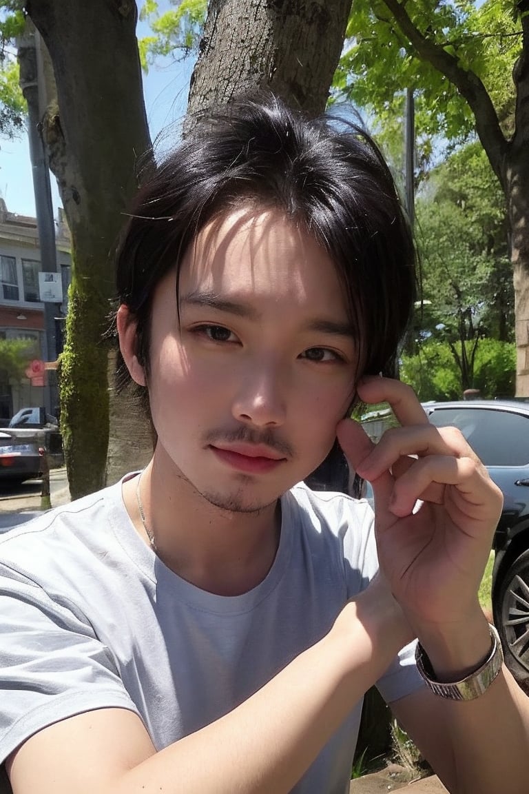 solo, looking at viewer, shirt, black hair, 1boy, jewelry, white shirt, upper body, short sleeves, male focus, outdoors, day, black eyes, bracelet, tree, realistic, bead bracelet, photo background, Thinning hair baldness