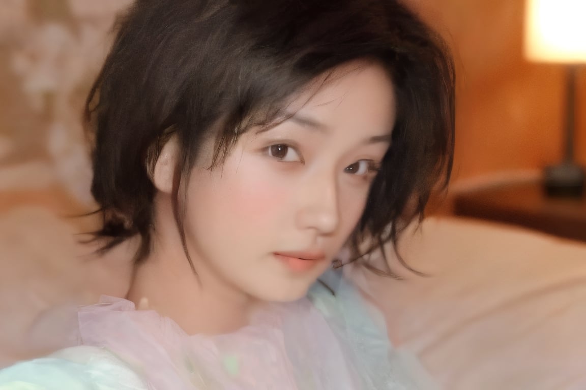 1girl, solo, looking at viewer, short hair, brown hair, black hair, brown eyes, upper body, blurry, black eyes, lips, bed, realistic,cak