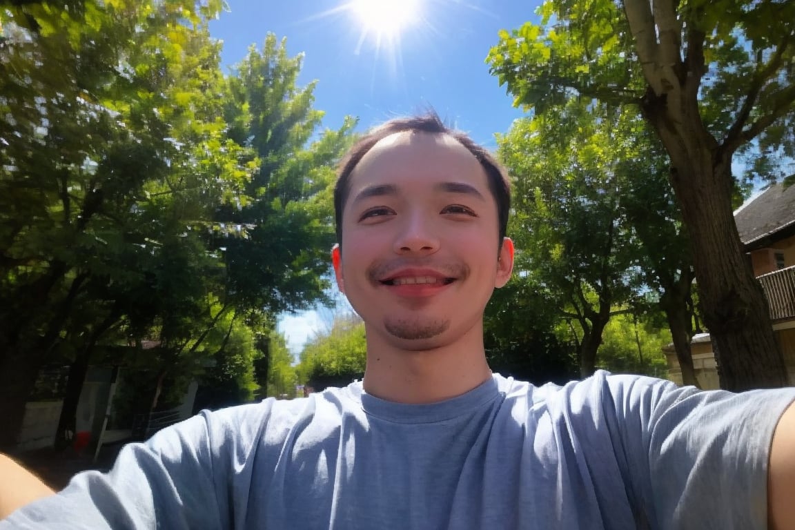 Masterpiece, top quality, high definition, artistic composition, 1 boy, upper body, composition from below, smiling, cotton shirt, looking at me, blue sky, sunlight through trees, casual, portrait, warm, reaching out,rnhg, Baldness, thinning hair