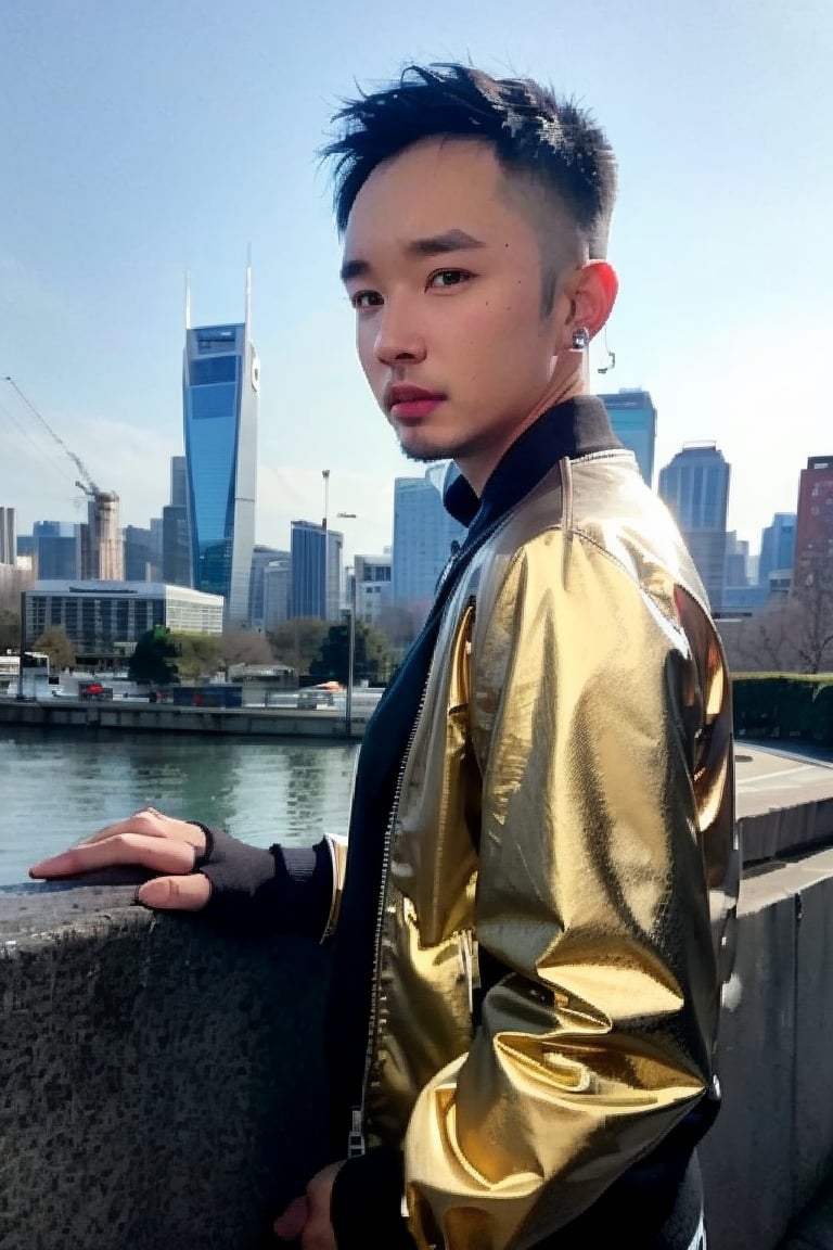 1boy, solo, brown eyes, lips, portrait,  wide forehead, rnhg , platinum blonde hair, sleek undercut, metallic bomber jacket, fingerless gloves, bold earrings, high-tech cityscape