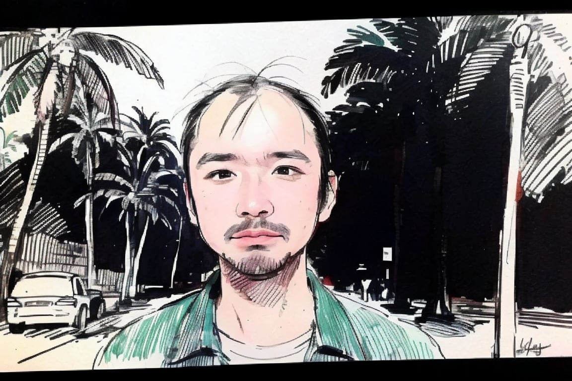 solo, looking at viewer, black hair, 1boy, closed mouth, upper body, male focus,, aloha shirt, palm trees, sandy beach, traditional media, facing viewer, realistic, rnhg ,sketch art,watercolor,rha30,fujimotostyle, (Thinning hair baldness)