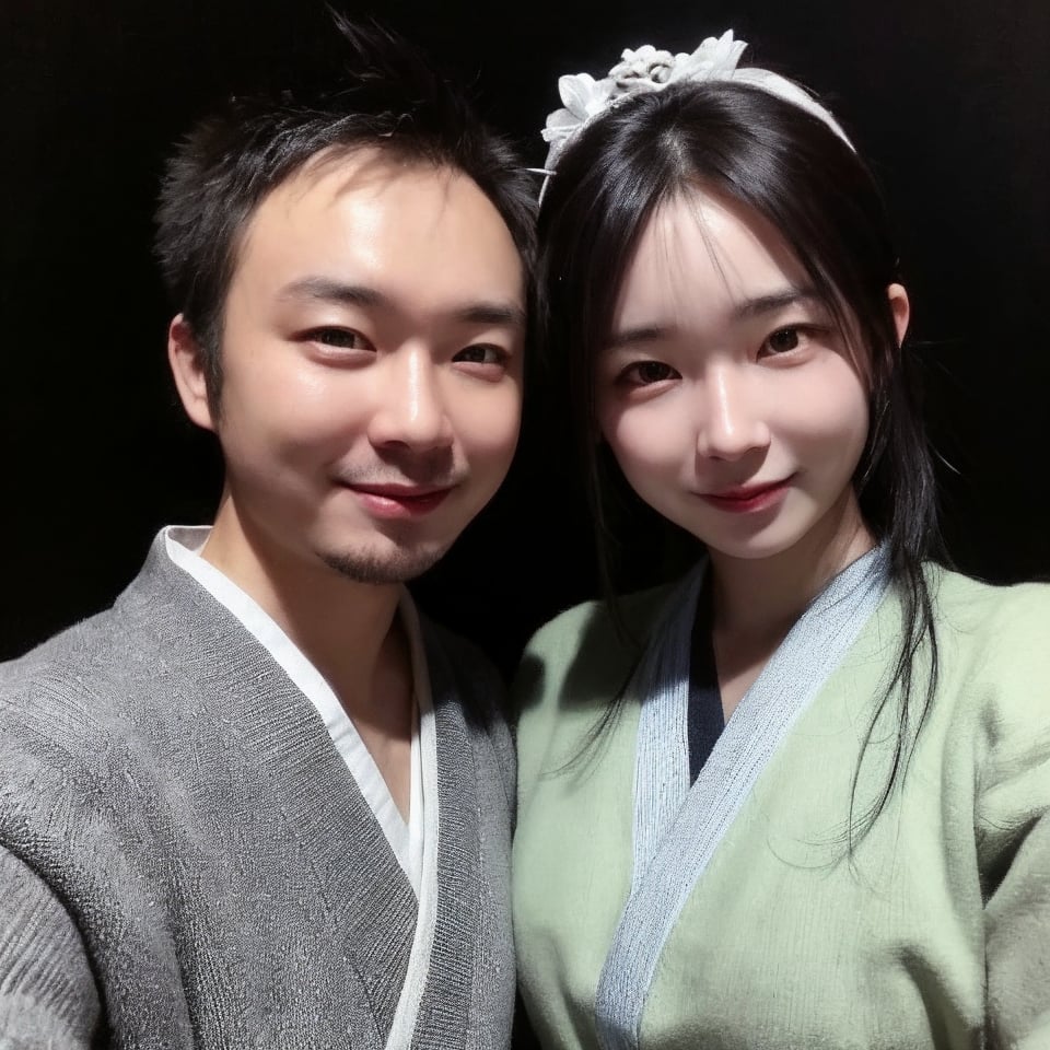 4k,best quality,masterpiece,20yo 1boy,(traditional Japanese costume, alluring smile, head ornaments 

(Beautiful and detailed eyes),
Detailed face, detailed eyes, double eyelids ,thin face, real hands, muscular fit body, semi visible abs, ((short hair locks:1.2)), black hair, black background,


real person, color splash style photo,
