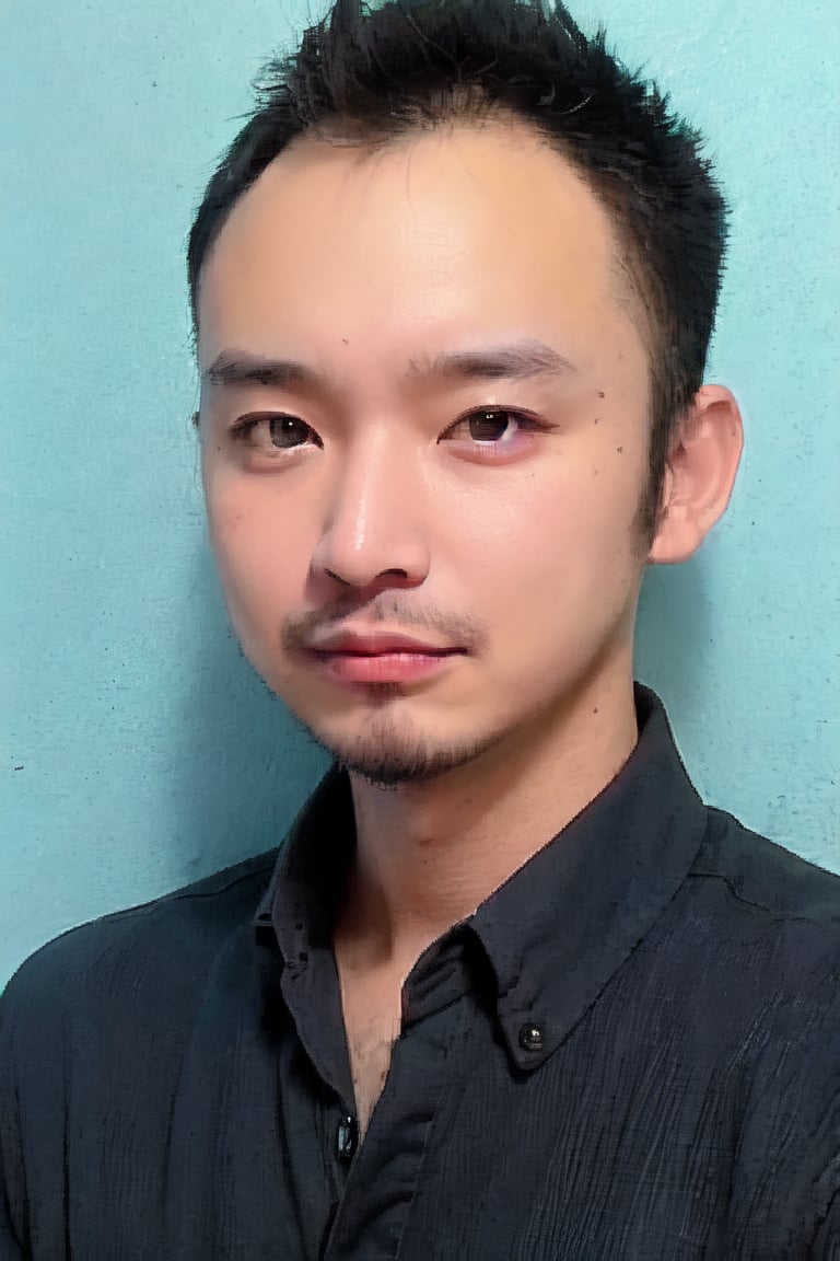 1boy, solo, looking at viewer, indigo blue background, shirt, brown eyes, upper body, lips, portrait, (thin hair), wide forehead, little bald, short hair, rnhg,