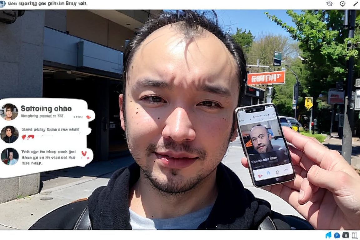 1boy, solo, brown eyes, portrait, looking at viewer, rnhg, (Thinning hair baldness), fake screenshot, phone screen, 
 RGB, male streamer, (live chat overlay), En plein air, External distribution, Massive Comments