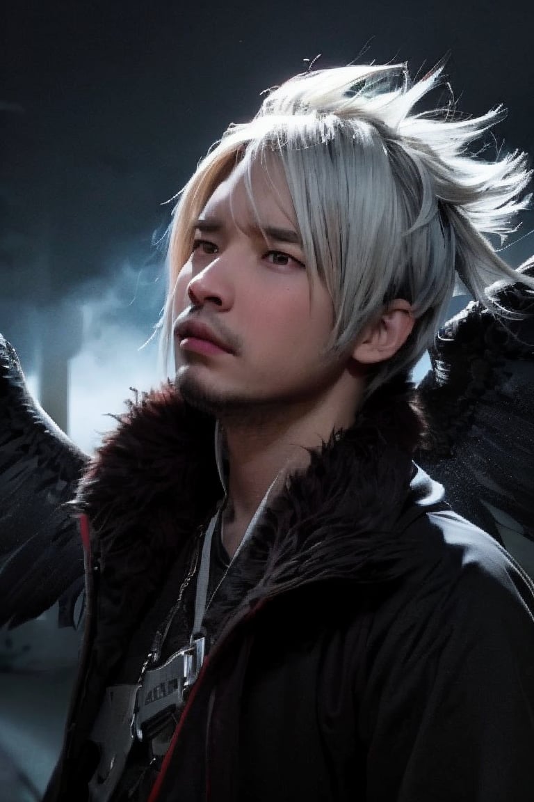 boy, solo, brown eyes, portrait, Dark seraph, male, red and black wings, intense eyes, battle-worn, night sky, ominous clouds, fierce and sorrowful, white hair