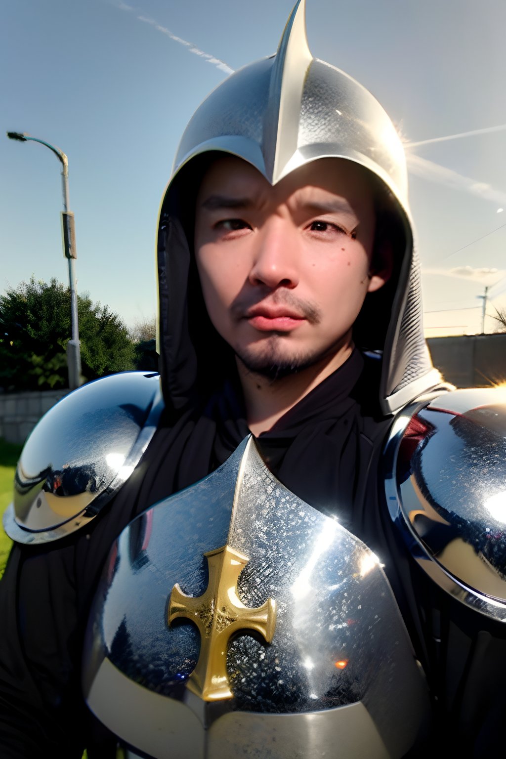 1boy, solo, brown eyes, portrait, looking at viewer, rnhg, holy shield, silver armor, solemn expression, sunset background, paladin shrouded in light, cross emblem