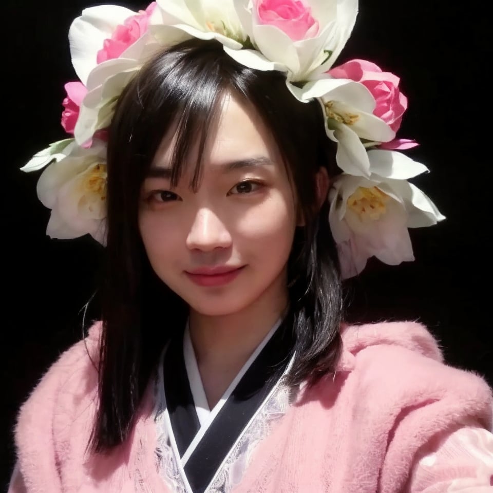 4k,best quality,masterpiece,20yo 1boy,(traditional Japanese costume, alluring smile, head ornaments 

(Beautiful and detailed eyes),
Detailed face, detailed eyes, double eyelids ,thin face, real hands, muscular fit body, semi visible abs, ((short hair locks:1.2)), black hair, black background,


real person, color splash style photo,
