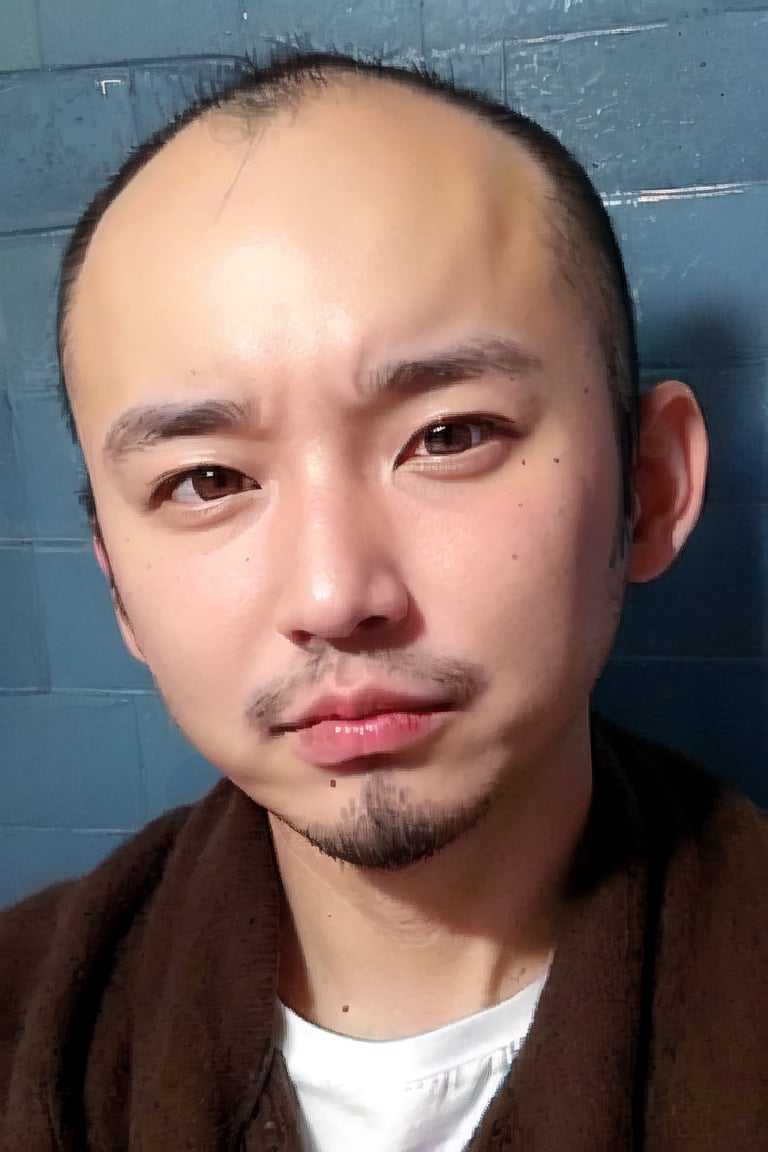 1boy, solo, looking at viewer, indigo blue background, shirt, brown eyes, upper body, lips, portrait, (thin hair), wide forehead, little bald, short hair, rnhg,