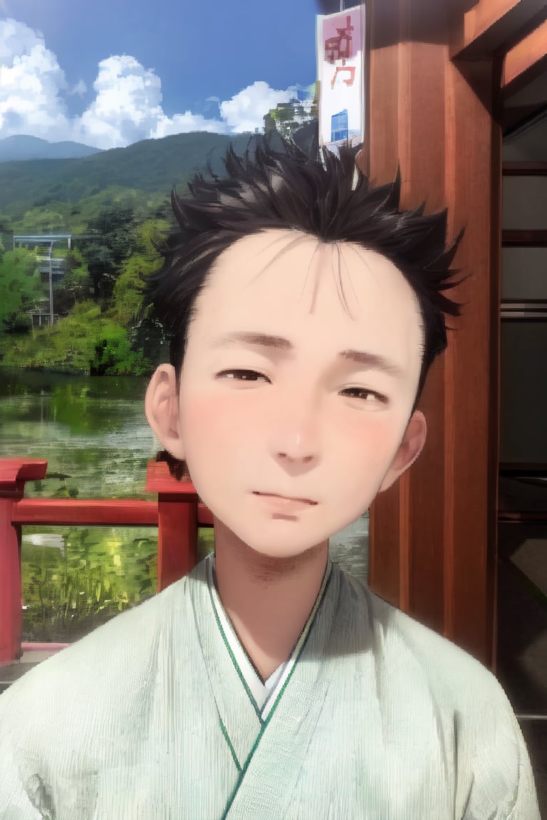 1boy, solo, looking at viewer, simple background, shirt, brown eyes, upper body, lips, portrait, (thin hair), wide forehead, short hair, rnhg,(masterpiece), scenery, ((Kyoto Animation Style))