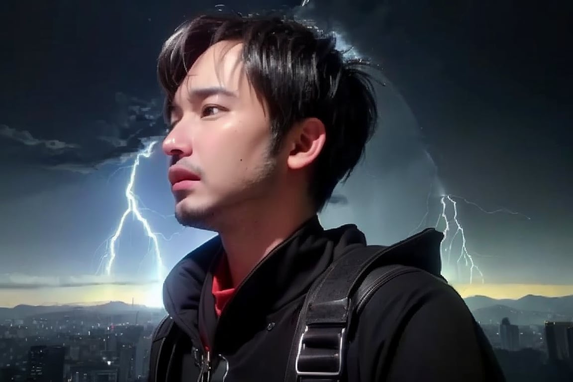 (masterpiece, high quality:1.5), (8K, HDR), masterpiece, best quality, 1boy, solo, upper body, FuturEvoLab style, black background, FuturEvoLab-Androgynous male, FuturEvoLabStyle:1.5, Thunder Flash, Lightning aura, Lightning, ((masterpiece, best quality))