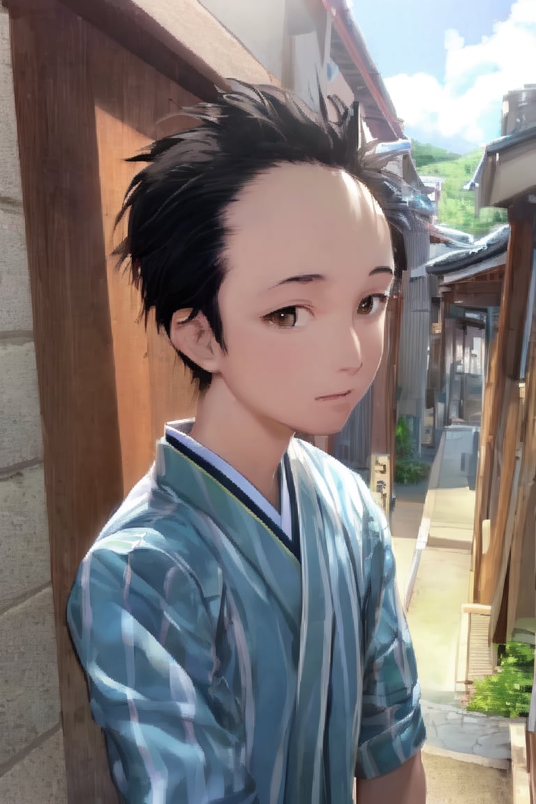 1boy, solo, looking at viewer, simple background, shirt, brown eyes, upper body, lips, portrait, (thin hair), wide forehead, short hair, rnhg,(masterpiece), scenery, ((Kyoto Animation Style))