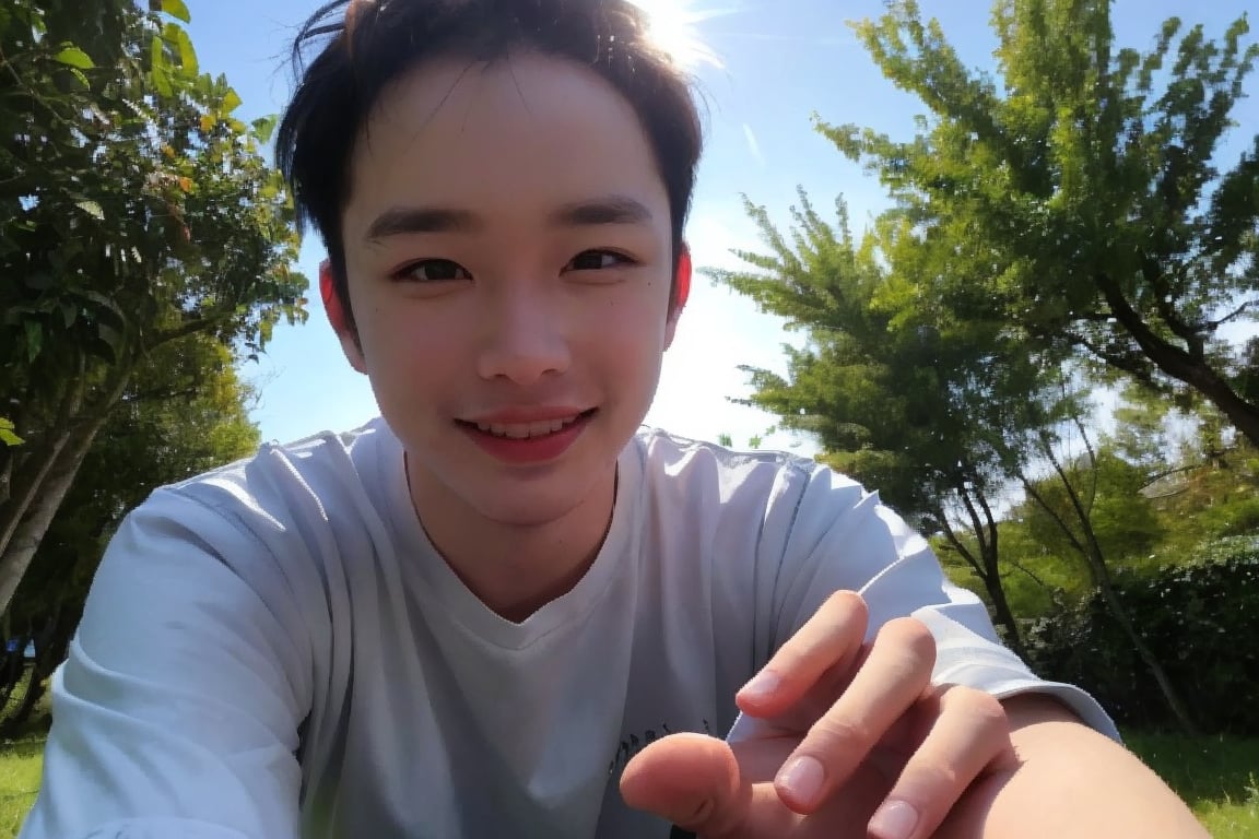 Masterpiece, top quality, high definition, artistic composition, 1 boy, upper body, composition from below, smiling, cotton shirt, looking at me, blue sky, sunlight through trees, casual, portrait, warm, reaching out,rnhg