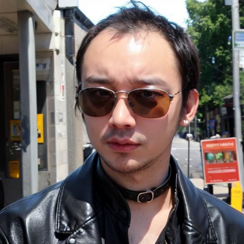 boy, solo, brown eyes, leather jacket, holographic jacket, metallic accessories, choker, sunglasses, earrings, nose ring, avant-garde fashion, ((Thinning hair baldness))