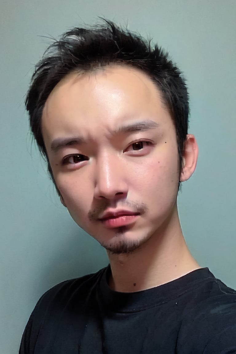 1boy, solo, looking at viewer, indigo blue background, shirt, brown eyes, upper body, lips, portrait, (thin hair), wide forehead, little bald, short hair, rnhg,