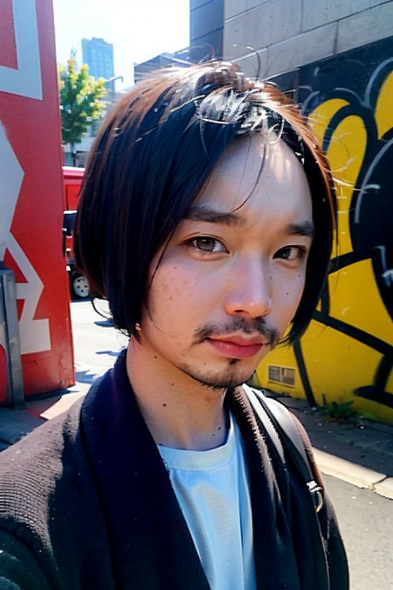 1boy, solo, brown eyes, portrait, looking at viewer, rnhg, (bobcut), 
urban setting, street fashion, confident pose, cityscape background, trendy clothing, graffiti walls