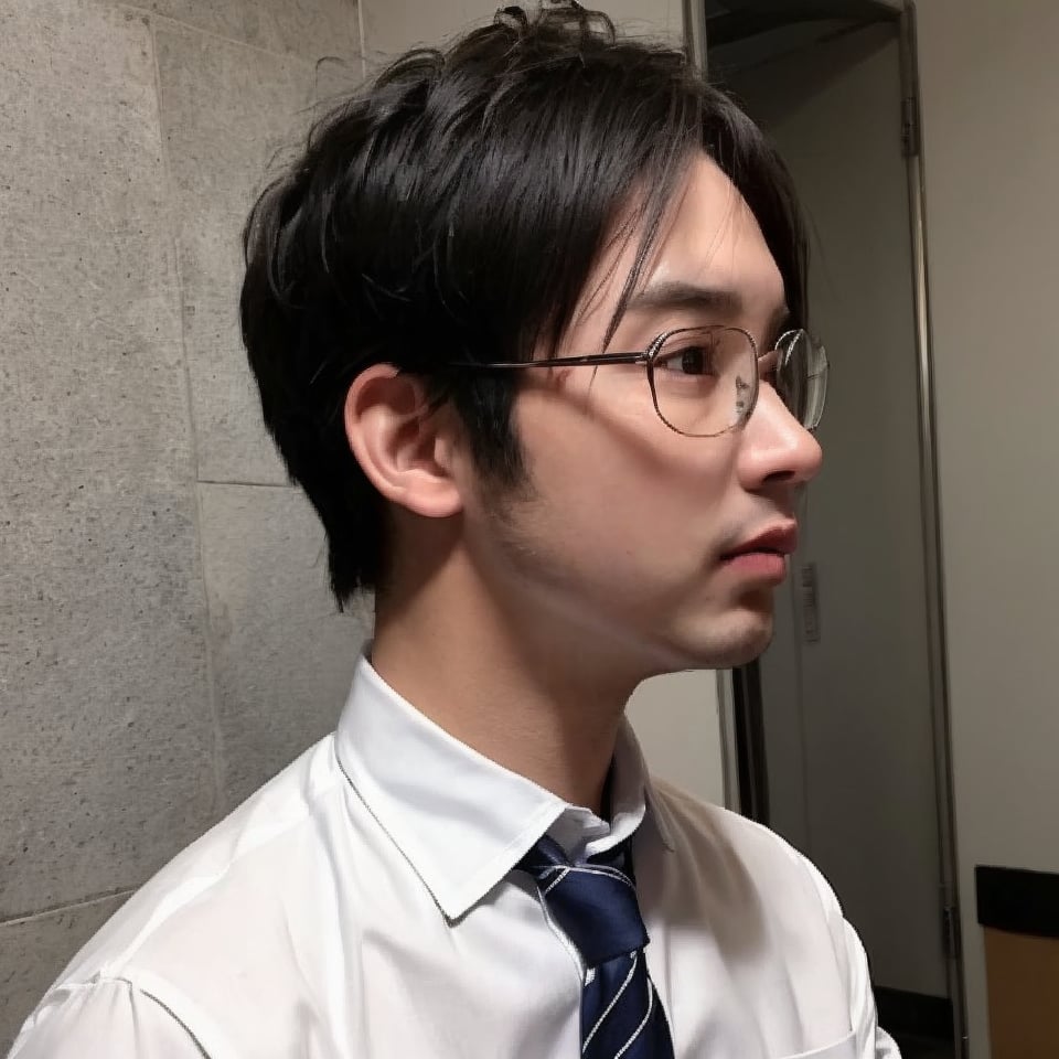 solo, looking at viewer, blonde hair, shirt, black hair, 1boy, closed mouth, white shirt, upper body, male focus, multicolored hair, necktie, glasses, collared shirt, two-tone hair, formal, suit, clenched hand, realistic