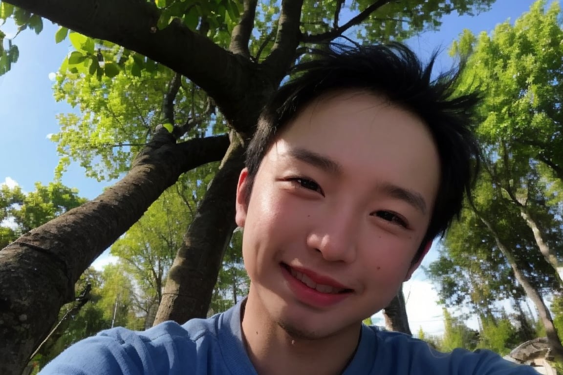 Masterpiece, top quality, high definition, artistic composition, 1 boy, upper body, composition from below, smiling, cotton shirt, looking at me, blue sky, sunlight through trees, casual, portrait, warm, reaching out,rnhg