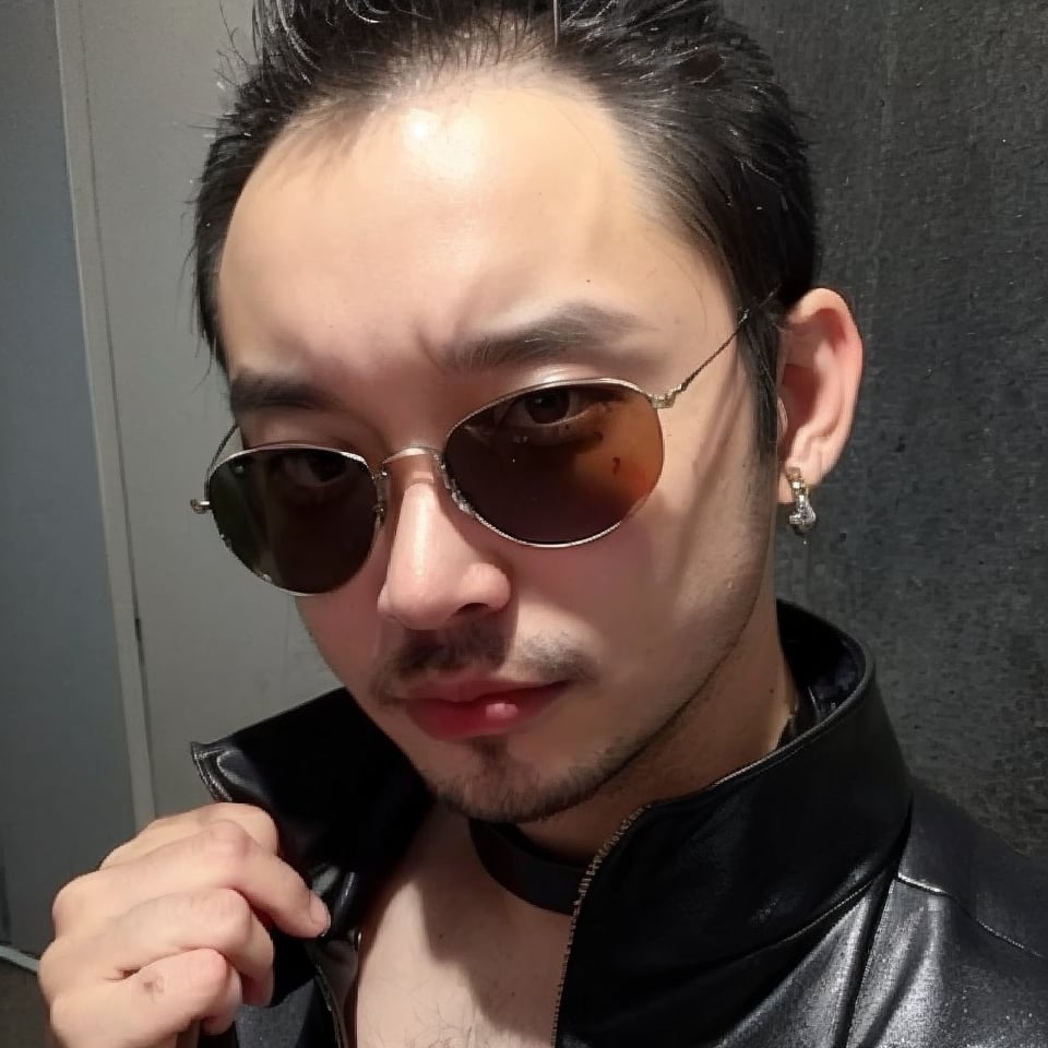 boy, solo, brown eyes, leather jacket, holographic jacket, metallic accessories, choker, sunglasses, earrings, nose ring, avant-garde fashion, ((Thinning hair baldness))