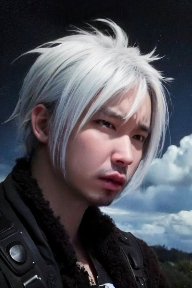 boy, solo, brown eyes, portrait, Dark seraph, male, red and black wings, intense eyes, battle-worn, night sky, ominous clouds, fierce and sorrowful, white hair