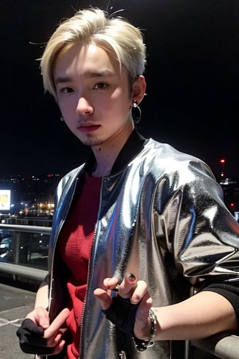 1boy, solo, brown eyes, lips, portrait,  wide forehead, rnhg , platinum blonde hair, sleek undercut, metallic bomber jacket, fingerless gloves, bold earrings, high-tech cityscape