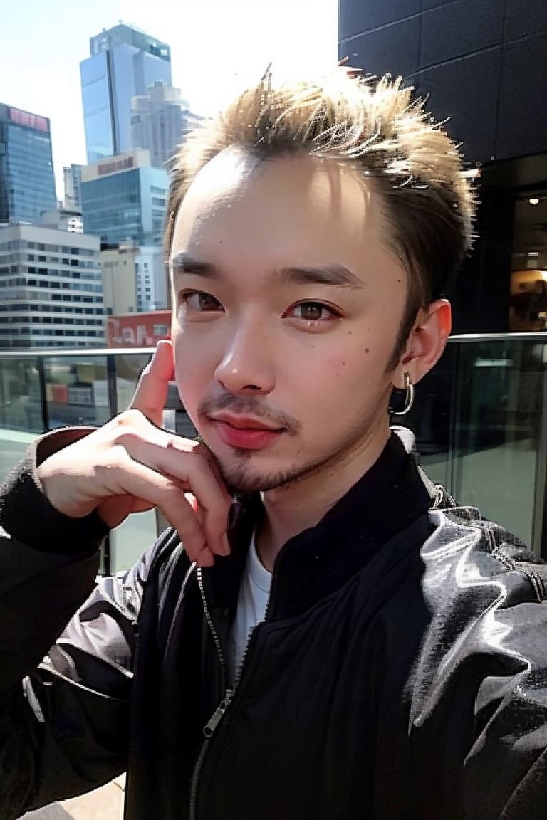 1boy, solo, brown eyes, lips, portrait,  wide forehead, rnhg , platinum blonde hair, sleek undercut, metallic bomber jacket, fingerless gloves, bold earrings, high-tech cityscape