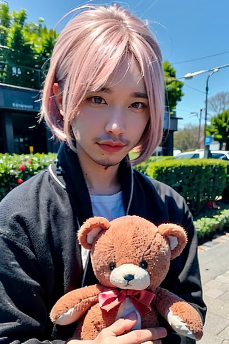 1boy, solo, brown eyes, portrait, looking at viewer, rnhg, ((Light pink hair)), holding a teddy bear, Gothic Fashion, park, blue sky