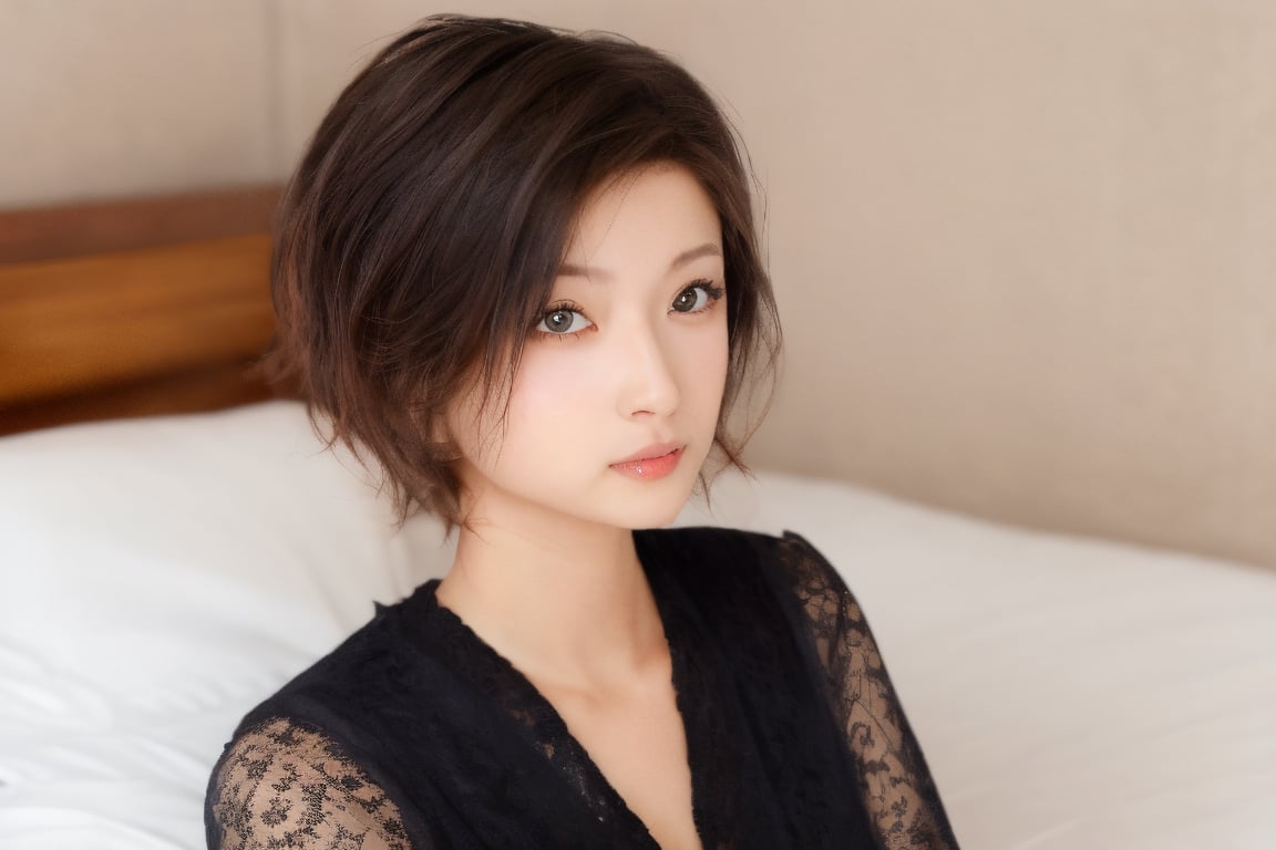 1girl, solo, looking at viewer, short hair, brown hair, black hair, brown eyes, upper body, blurry, black eyes, lips, bed, realistic,cak