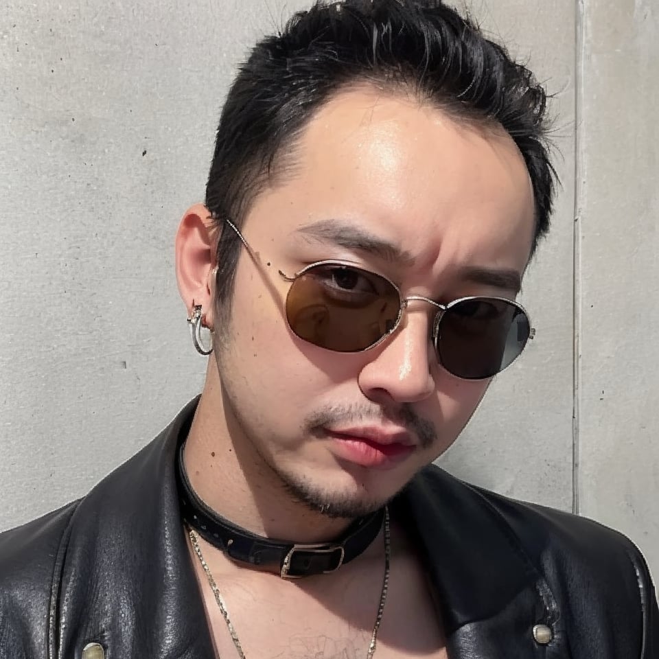 boy, solo, brown eyes, leather jacket, holographic jacket, metallic accessories, choker, sunglasses, earrings, nose ring, avant-garde fashion, ((Thinning hair baldness))