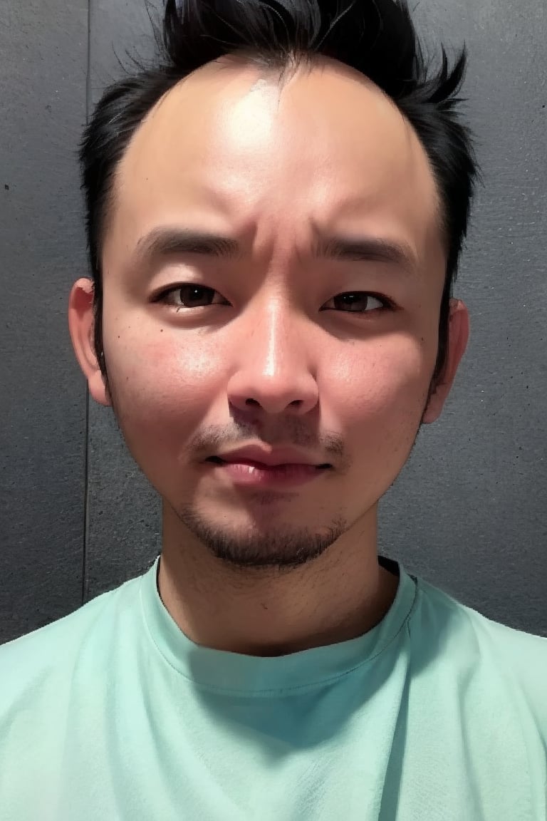 1boy, solo, looking at viewer, simple background, shirt, brown eyes, upper body, lips, portrait, (thin hair), wide forehead, little bald, short hair, rnhg