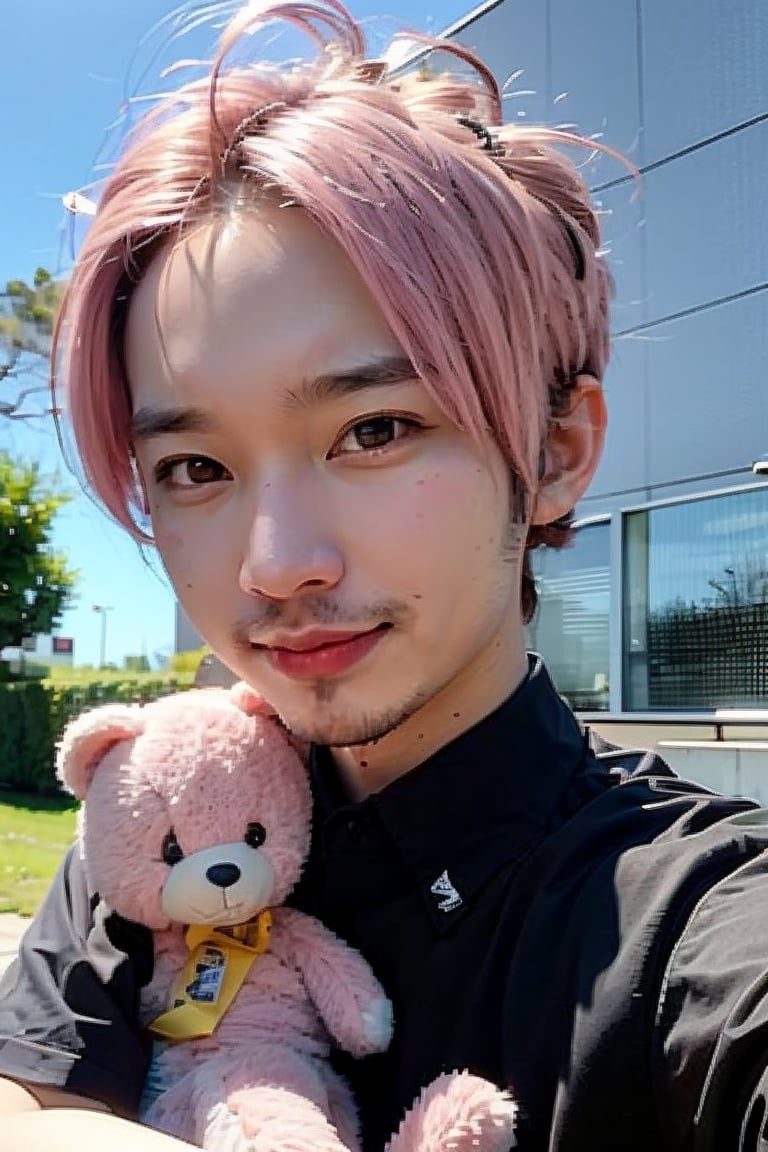 1boy, solo, brown eyes, portrait, looking at viewer, rnhg, ((Light pink hair)), holding a teddy bear, black collared shirt, park, blue sky