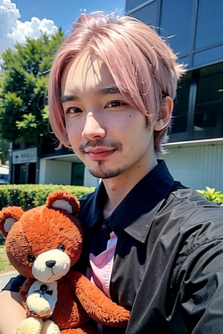 1boy, solo, brown eyes, portrait, looking at viewer, rnhg, ((Light pink hair)), holding a teddy bear, black collared shirt, park, blue sky