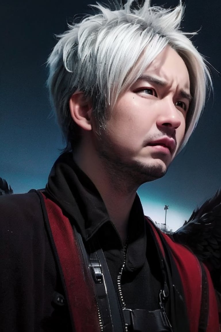 boy, solo, brown eyes, portrait, Dark seraph, male, red and black wings, intense eyes, battle-worn, night sky, ominous clouds, fierce and sorrowful, white hair