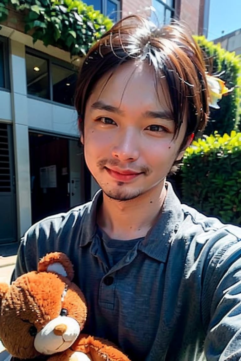 A young boy with warm brown eyes looks directly into the camera lens, his expression gentle and inviting. His light pink hair is messy and endearing, framing his heart-shaped face. He clutches a worn teddy bear in his arms, its faded fabric a testament to its importance. Wearing a crisp black collared shirt, he stands out against the lush greenery of the park, with a brilliant blue sky serving as a stunning backdrop.