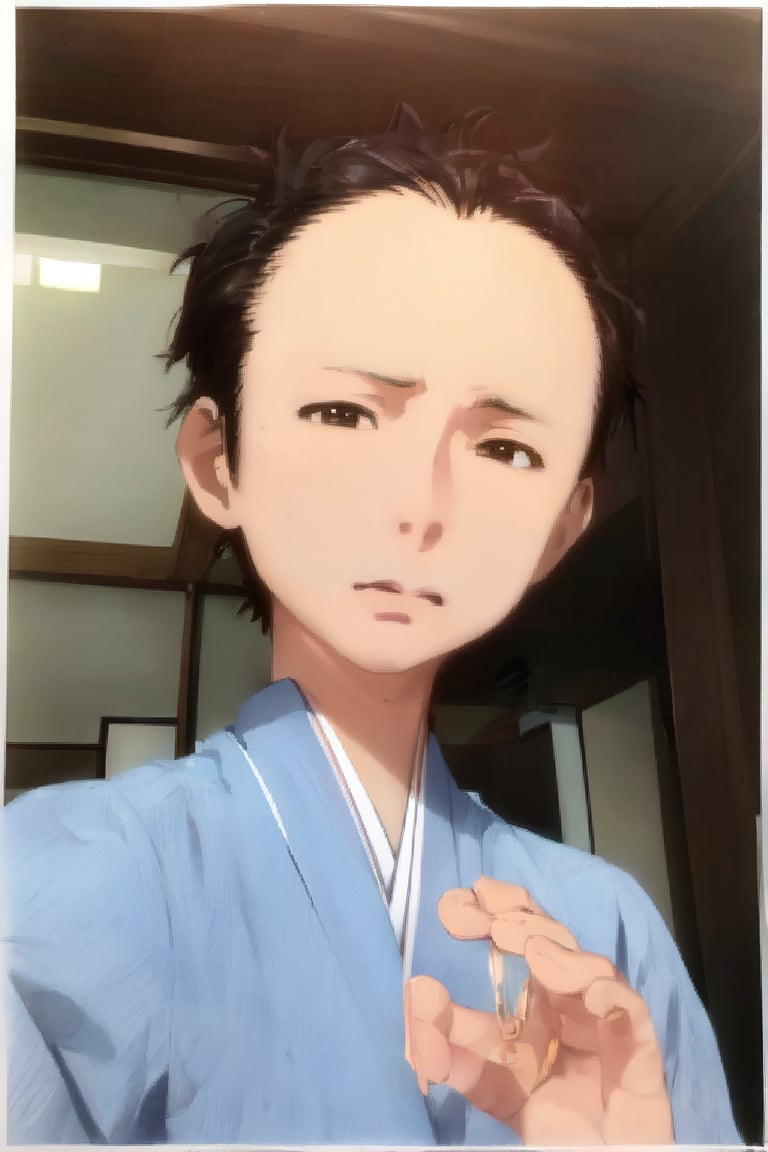 1boy, solo, looking at viewer, simple background, shirt, brown eyes, upper body, lips, portrait, (thin hair), wide forehead, short hair, rnhg,(masterpiece), scenery, ((Kyoto Animation Style))