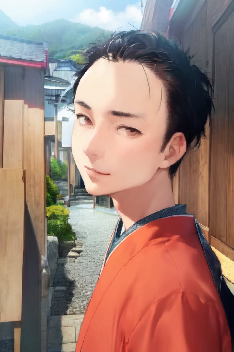 1boy, solo, looking at viewer, simple background, shirt, brown eyes, upper body, lips, portrait, (thin hair), wide forehead, short hair, rnhg,(masterpiece), scenery, ((Kyoto Animation Style))