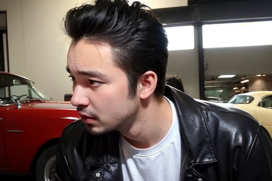 boy, solo, brown eyes, portrait, Greaser hairstyle, gelled pompadour, leather jacket, white T-shirt, rebellious attitude, vintage 1950s, sideburns, classic car, retro lighting,