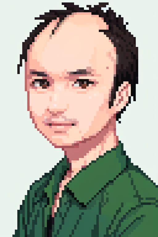 1boy, solo, looking at viewer, simple background, shirt, brown eyes, upper body, lips, portrait, (thin hair), wide forehead, little bald, short hair, rnhg,Pixel art