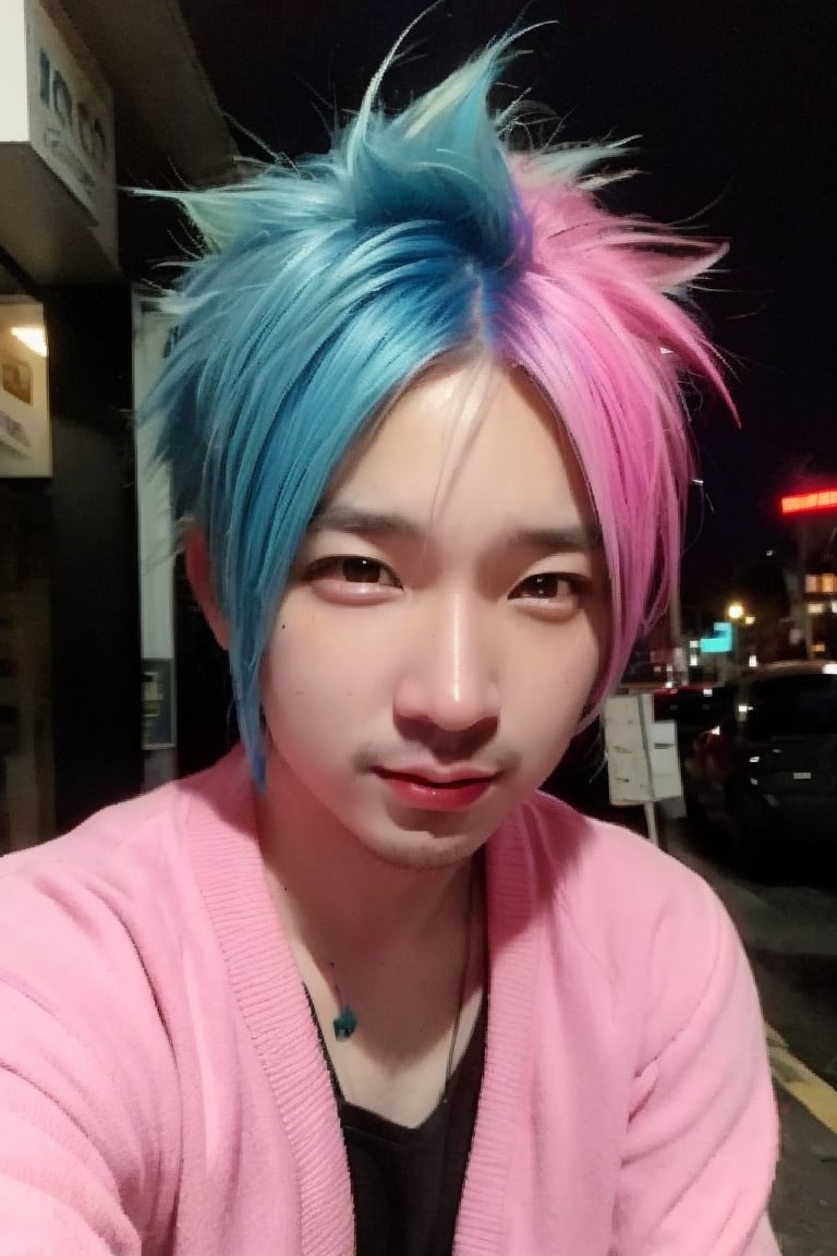 boy, solo, brown eyes, vibrant red hair, electric blue hair, neon green hair, pastel pink hair, gradient hair, spiky hair, asymmetrical cut