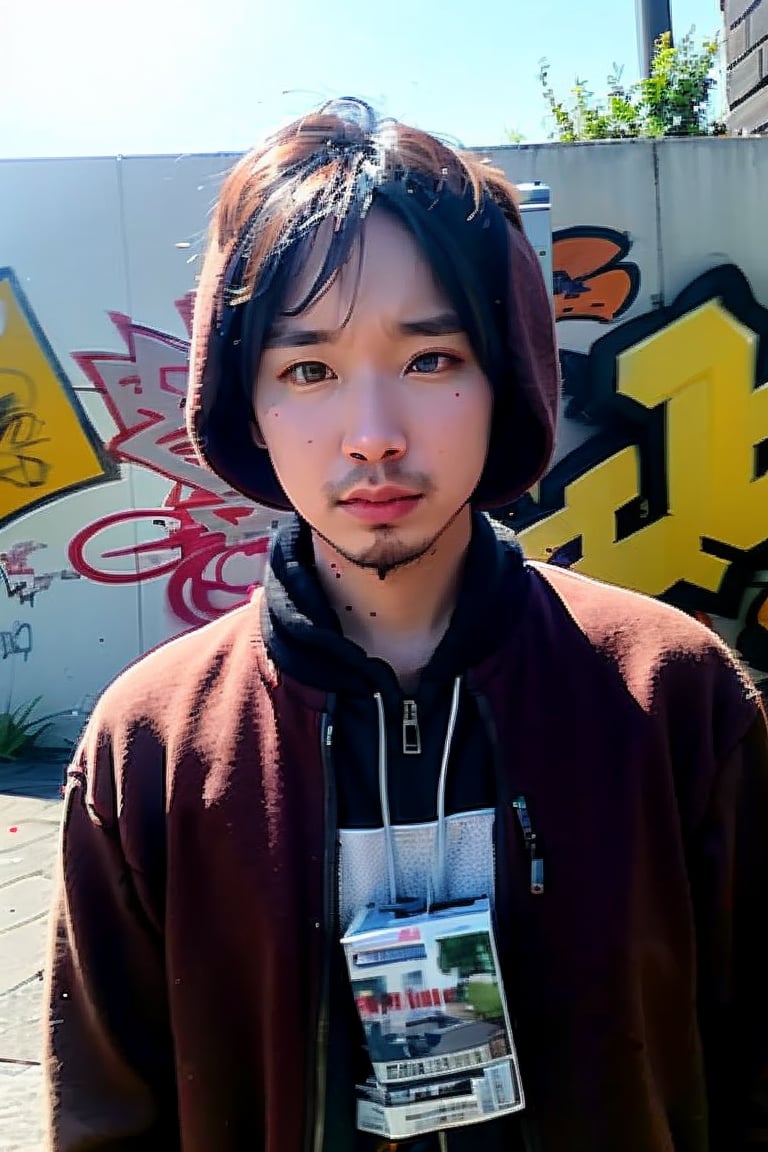 1boy, solo, brown eyes, portrait, looking at viewer, rnhg, (bobcut), 
urban setting, street fashion, confident pose, cityscape background, trendy clothing, graffiti walls