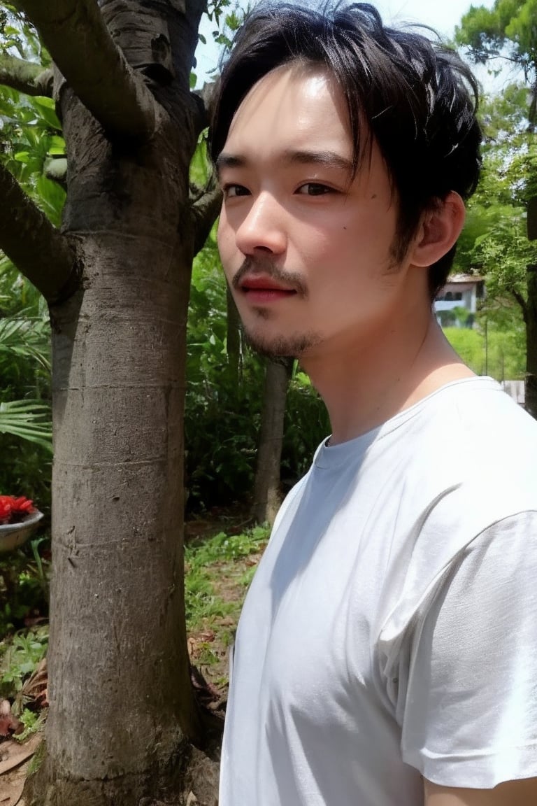 solo, looking at viewer, shirt, black hair, 1boy, jewelry, white shirt, upper body, short sleeves, male focus, outdoors, day, black eyes, bracelet, tree, realistic, bead bracelet, photo background, Thinning hair baldness