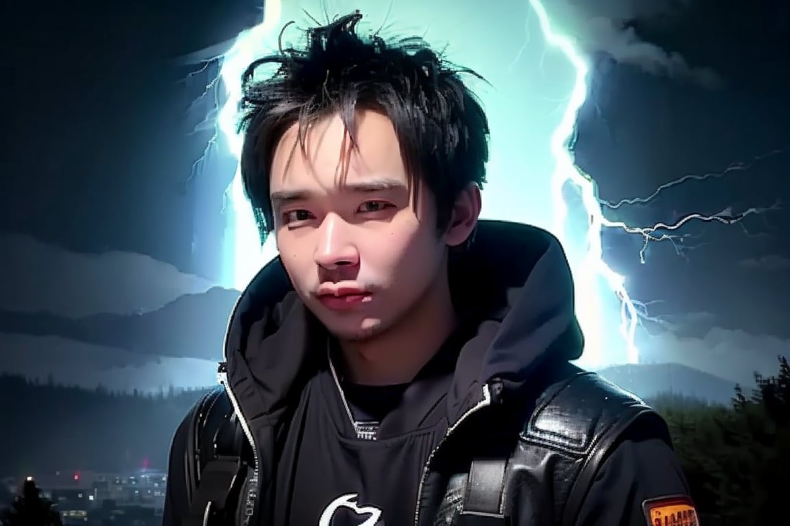 (masterpiece, high quality:1.5), (8K, HDR), masterpiece, best quality, 1boy, solo, upper body, FuturEvoLab style, black background, FuturEvoLab-Androgynous male, FuturEvoLabStyle:1.5, Thunder Flash, Lightning aura, Lightning, 