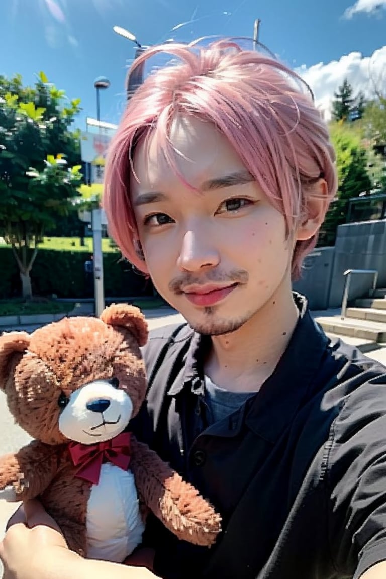 1boy, solo, brown eyes, portrait, looking at viewer, rnhg, ((Light pink hair)), holding a teddy bear, black collared shirt, park, blue sky