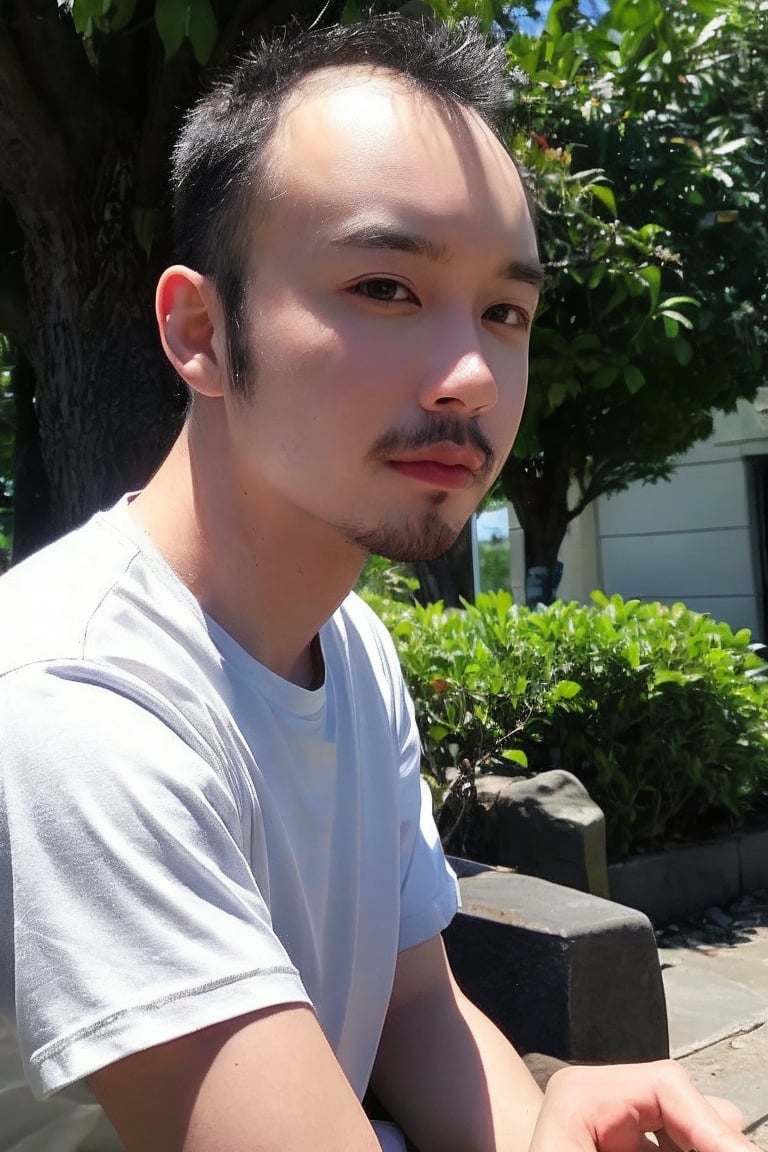 solo, looking at viewer, shirt, black hair, 1boy, jewelry, white shirt, upper body, short sleeves, male focus, outdoors, day, black eyes, bracelet, tree, realistic, bead bracelet, photo background, Thinning hair baldness