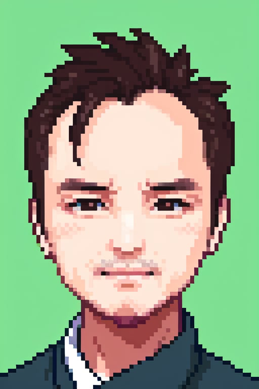 1boy, solo, looking at viewer, simple background, shirt, brown eyes, upper body, lips, portrait, (thin hair), wide forehead, little bald, short hair, rnhg,Pixel art