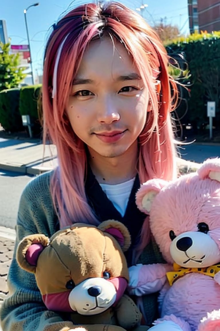 1boy, solo, brown eyes, portrait, looking at viewer, rnhg, ((Light pink hair)), holding a teddy bear, Gothic Fashion, park, blue sky