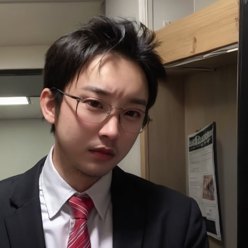 solo, looking at viewer, blonde hair, shirt, black hair, 1boy, closed mouth, white shirt, upper body, male focus, multicolored hair, necktie, glasses, collared shirt, two-tone hair, formal, suit, clenched hand, realistic