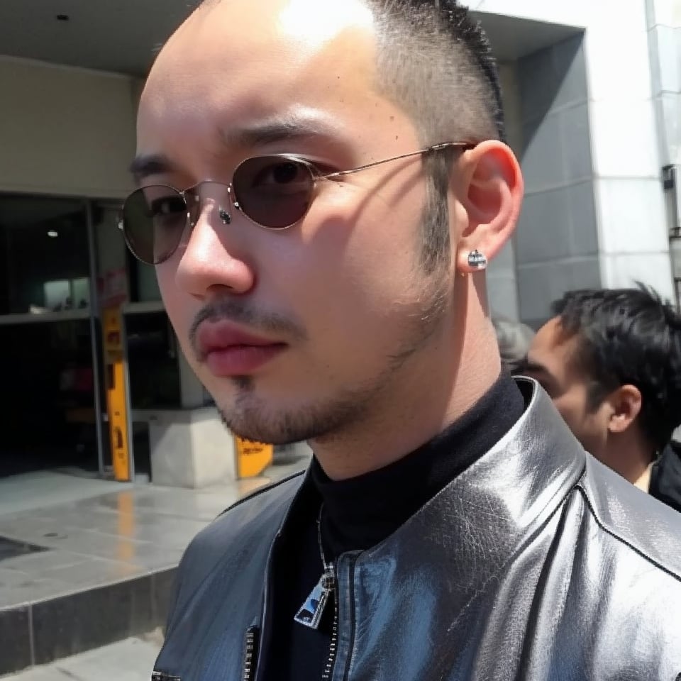 boy, solo, brown eyes, leather jacket, holographic jacket, metallic accessories, choker, sunglasses, earrings, nose ring, avant-garde fashion, ((Thinning hair baldness))