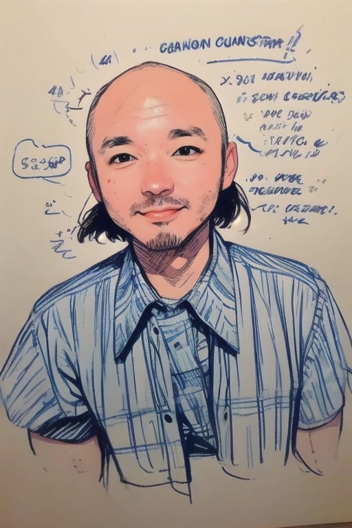 1boy, solo, looking at viewer, simple background, shirt, brown eyes, upper body, lips, portrait, (thin hair), wide forehead, little bald, short hair, rnhg, (Thinning hair baldness) ,(sketch),anime pose,sketch,mysketch,midjourney,cartoon