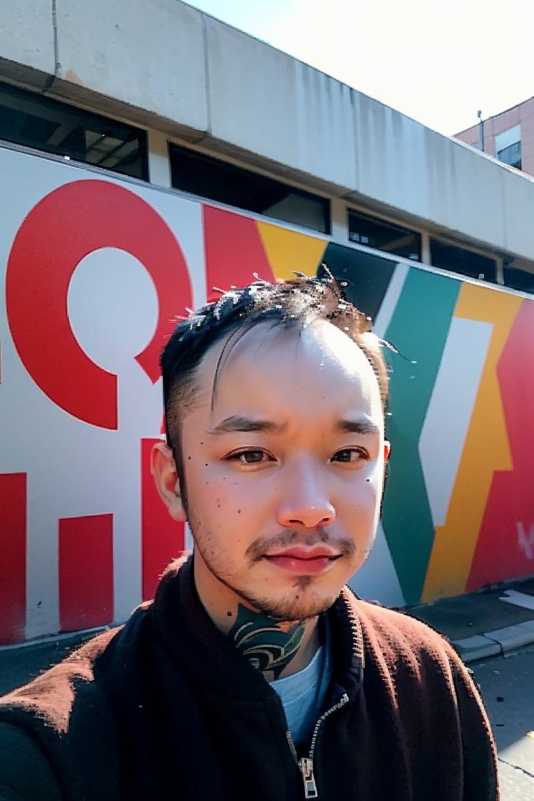 1boy, solo, brown eyes, portrait, looking at viewer, rnhg, (bobcut), 
urban setting, street fashion, confident pose, cityscape background, trendy clothing, graffiti walls